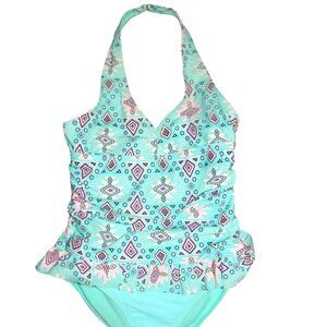 WONDER NATION girl's medium 7/8 aqua mint one piece tribal swimsuit